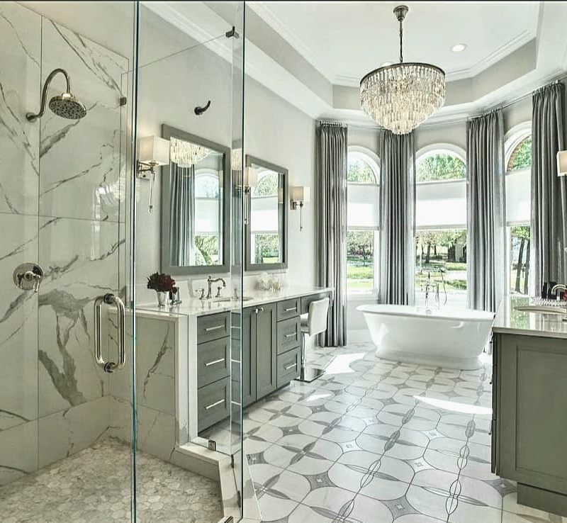 Waterjet cut marble mosaic bathroom floor