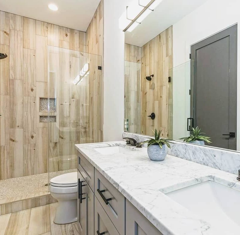 Wood look tile shower and bath floor