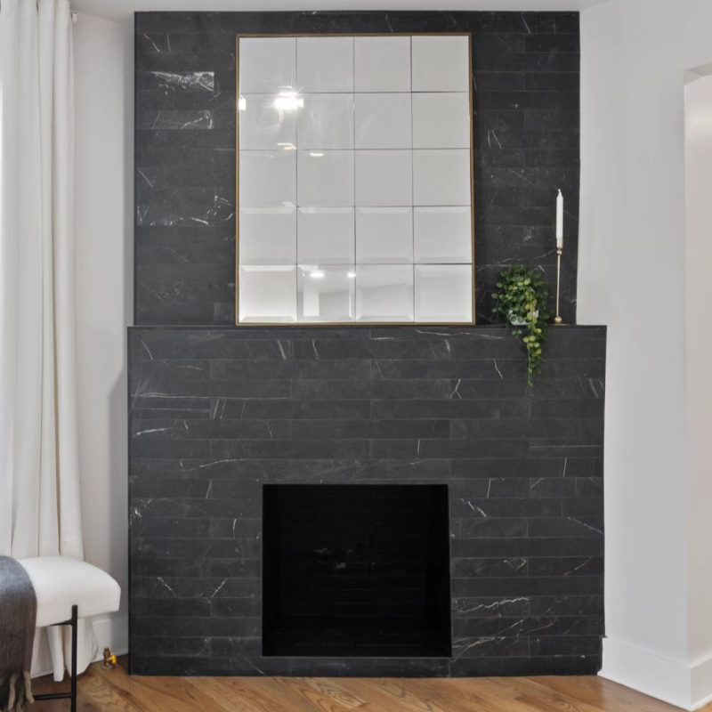 Black Marble Look Porcelain Tile Fireplace 