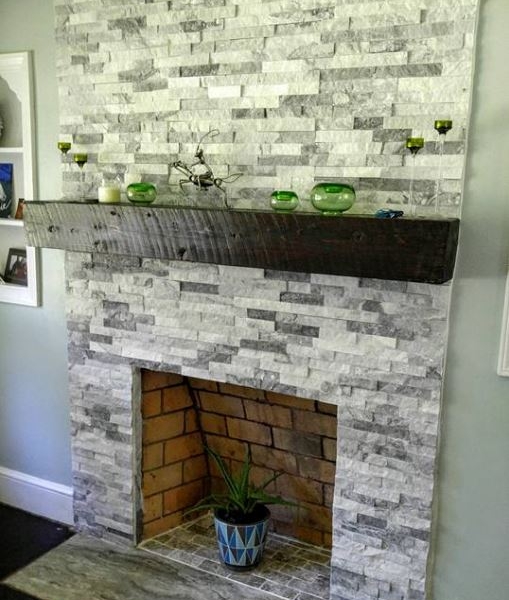 White and Grey Quartzite Stacked Stone fireplace